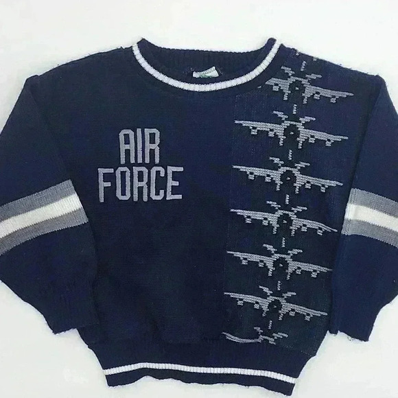 Vintage Boys Size 8 Bull Frog Air Force Blue Fighter Jet Sweater - Picture 1 of 4